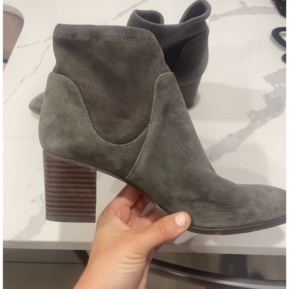 GRAY BOOTIES WITH BROWN WOOD HEEL